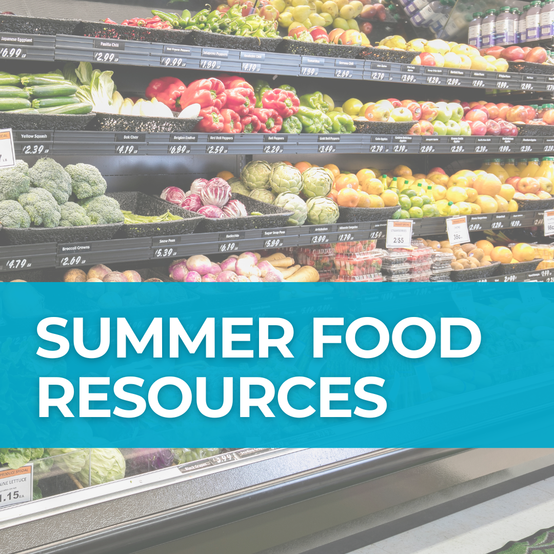 An image of a grocery store's produce section, with a teal banner in front of it that reads "Summer Food Resources."