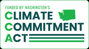 A white rectangle with green text and a green graphic of Washington State, saying "Funded by Washington's Climate Commitment Act."